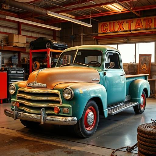 Repaired car by AutoFix Garage: An older model pickup truck with extensive rust repair and restoration.